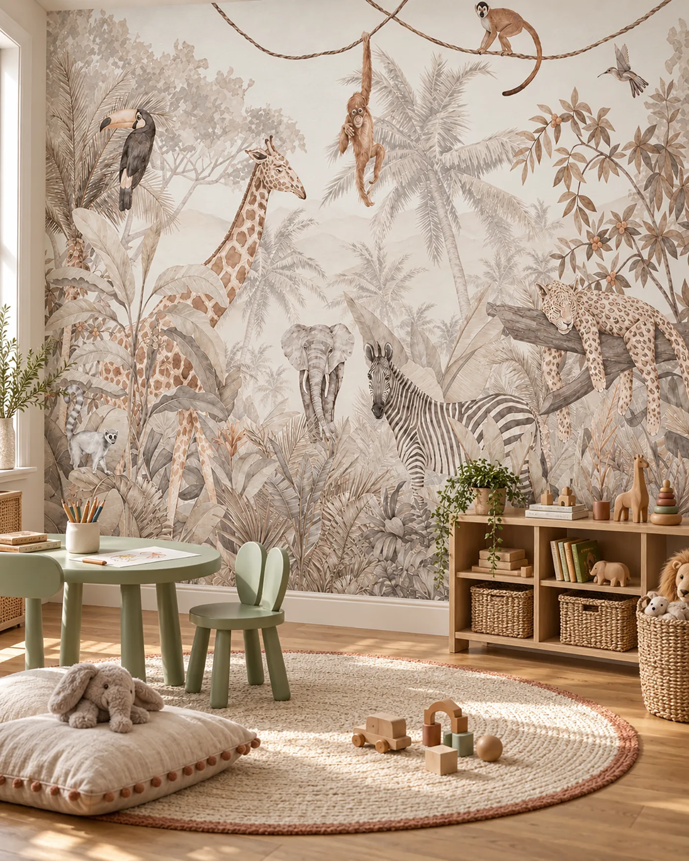 Fototapete Dschungel Light hinter grünem Kindertisch mit Hasenstuhl, rundem Teppich und Holzregal mit Körben