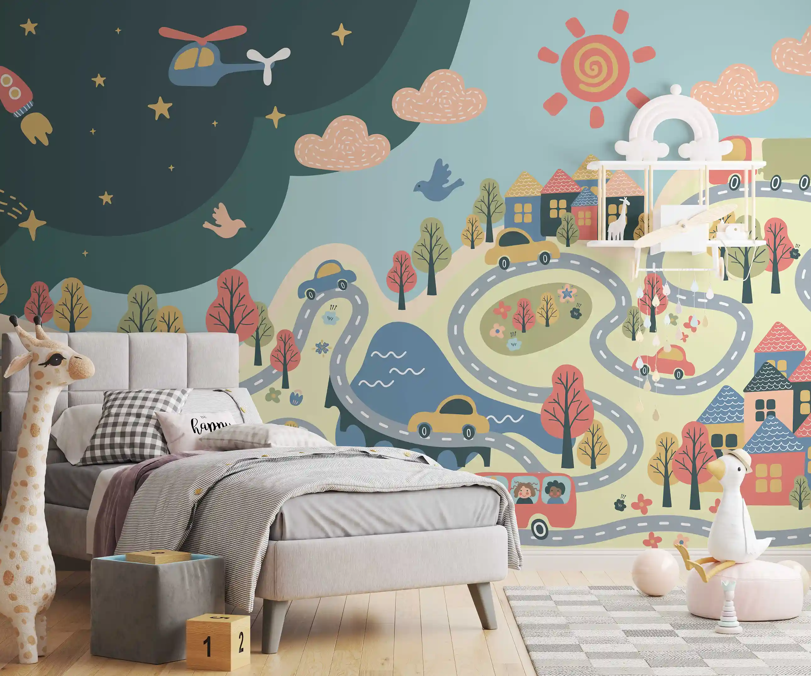 Kinderzimmer mit Fototapete Stadtlandschaft, Autostraßen und Hubschrauber hinter grauem Bett und Stoffgiraffe